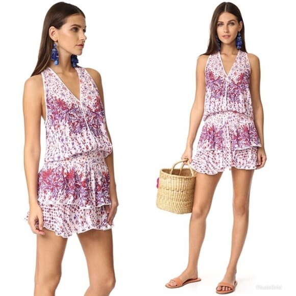 Poupette St. Barth Jolie Sleeveless Tiered Mini Dress White & Purple Size Small - Picture 2 of 8